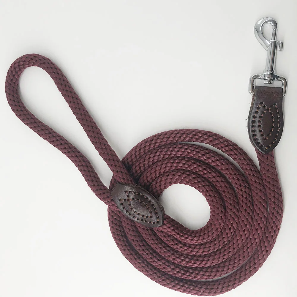 

Braided Nylon Rope Leash with Leather Tailor Handle and Heavy Duty Metal Sturdy Clasp dog lead 5ft wine color