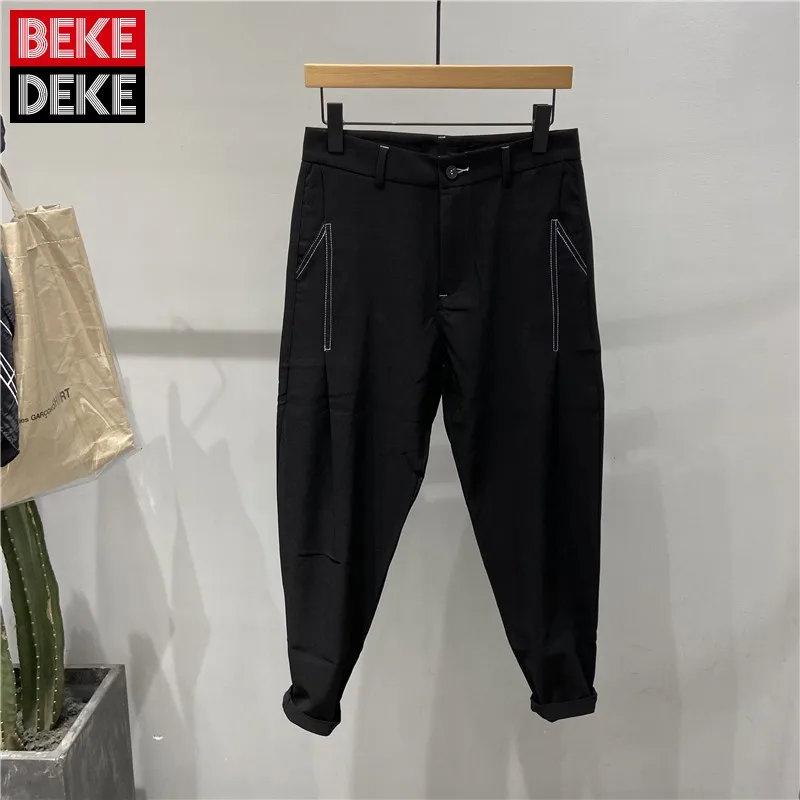 

High Street Men Cargo Ankle Length Pants Summer New Casual Harem Pants Man Loose Fit Button Hip Hop Black Pants Male M-2XL
