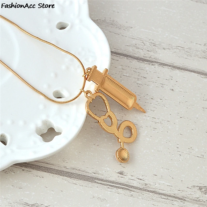 1Pc Medical Stethoscope Syringe Pendant Necklace Snake Chain Needle Metal Alloy For Women Nurses Jewelry Gifts | Украшения и