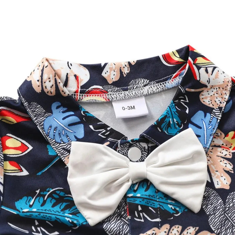 

0-18M Summer Baby Boy Gentleman Rompers Newborn Kids Clothes Printed Short Sleeve Shorts Bodysuit Jumpsuit +Tie