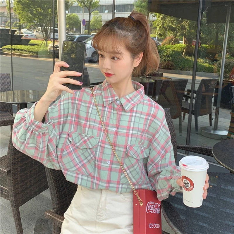 

Womens Casual Plaid Shirt Spring Autumn Long Sleeve Cotton Korean Fashion Women Blouse Ladies Loose Tops Harajuku Vintage Shirts