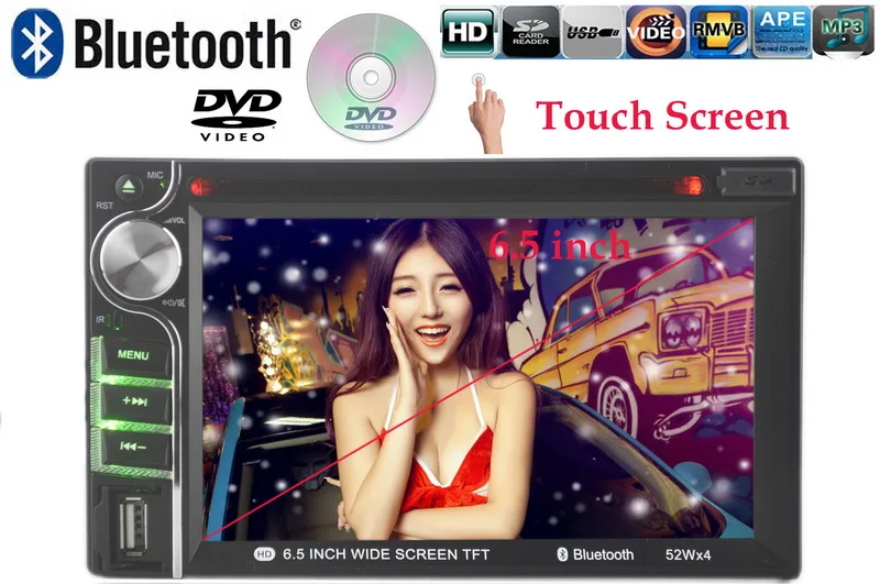 Автомобильный DVD с сенсорным экраном Hands Free RDS поддержка 7 языков 6 5 дюйма 2 Din HD