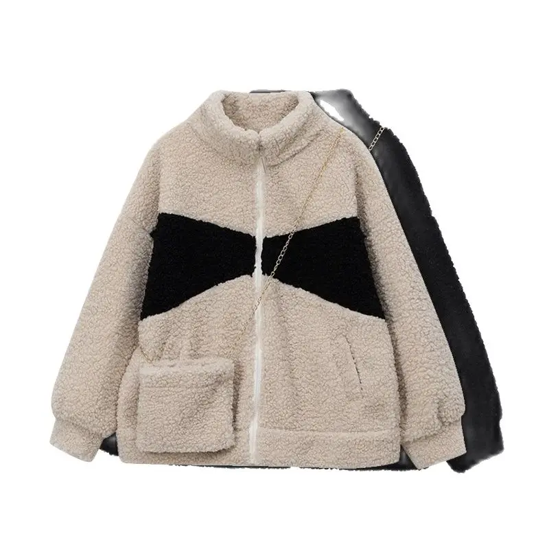 

Женская плюшевая куртка из овечьей шерсти, модный топ с воротником-стойкой и медведем в Корейском стиле, Одежда большого размера для осени и...