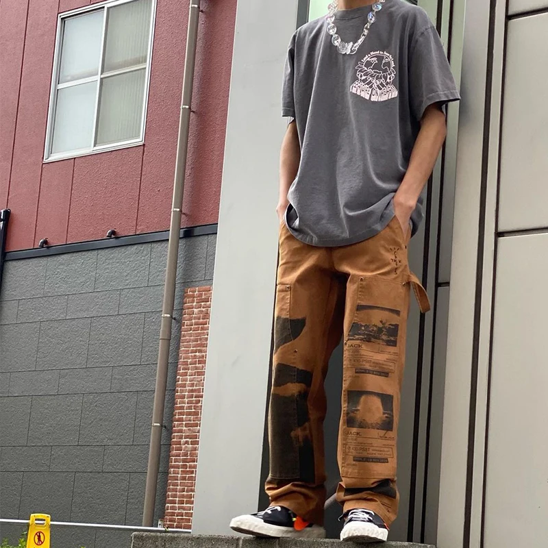 

Urban Street Cactus Jack Khaki Cargo Trousers Men Women Hip Hop Patch Printed Casual Straight Cargo Pant Travis Scott 2021