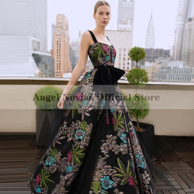 

Angel Novias Long Black Floral Evening Dresses 2021 with Straps Caftan Arabic Prom Gowns Party Dresses