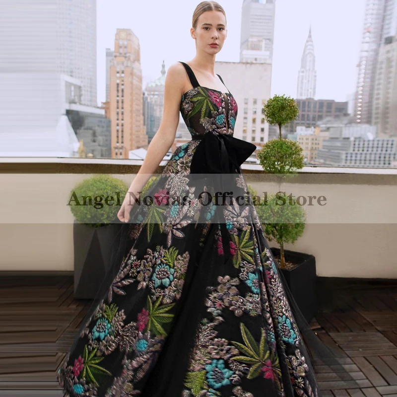 

Женское длинное вечернее платье Angel Novias, черное платье на бретелях с цветочным рисунком, модель 2021 года