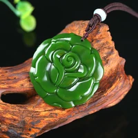 rose flower green jade pendant chinese necklace hand carved natural charm jewelry amulet fashion accessories for men women gifts
