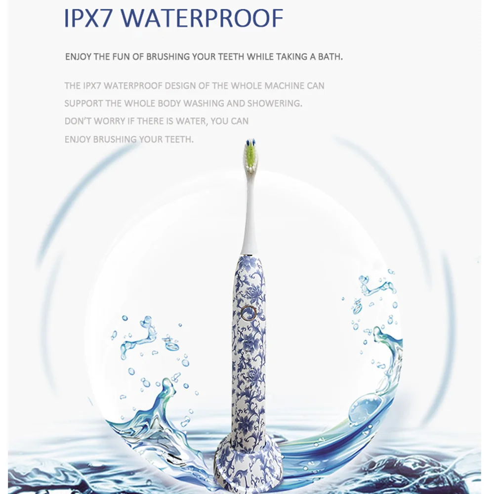 Китайская керамика в сине-белом стиле, звуковая электрическая зубная щетка, USB-перезаряжаемая с 8 насадками, водонепроницаемость IPX8