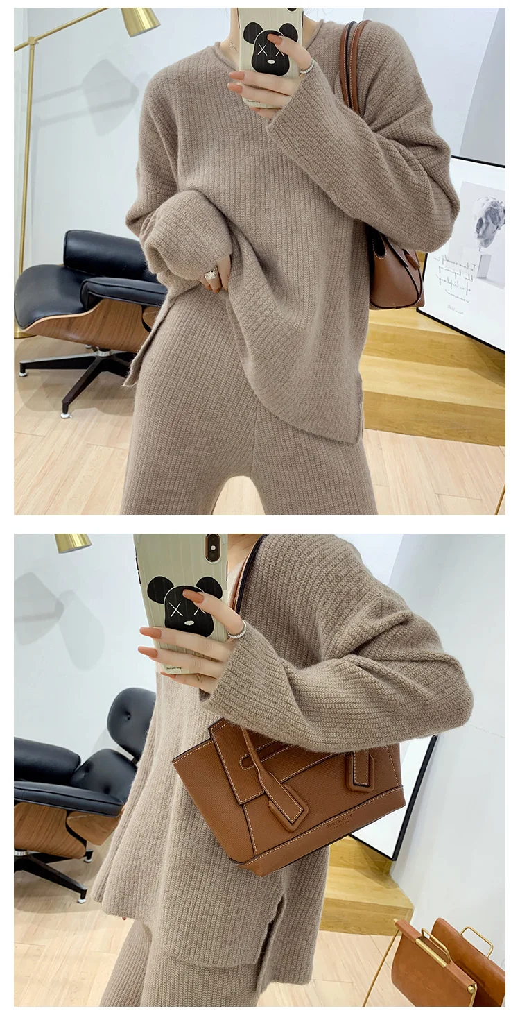 Women's new fashion suit solid color V-neck sweater with high waist knit wide leg pants two piece set top and pants