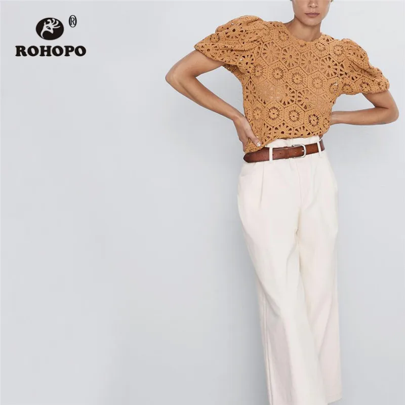 ROHOPO жаккардовый цветочный вязаный желтый топ тройники круглый воротник с