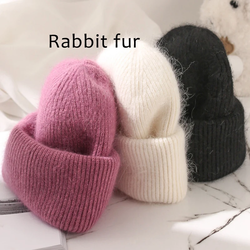 Вязаные шапки бини с натуральным кроличьим мехом для женщин зимние модные