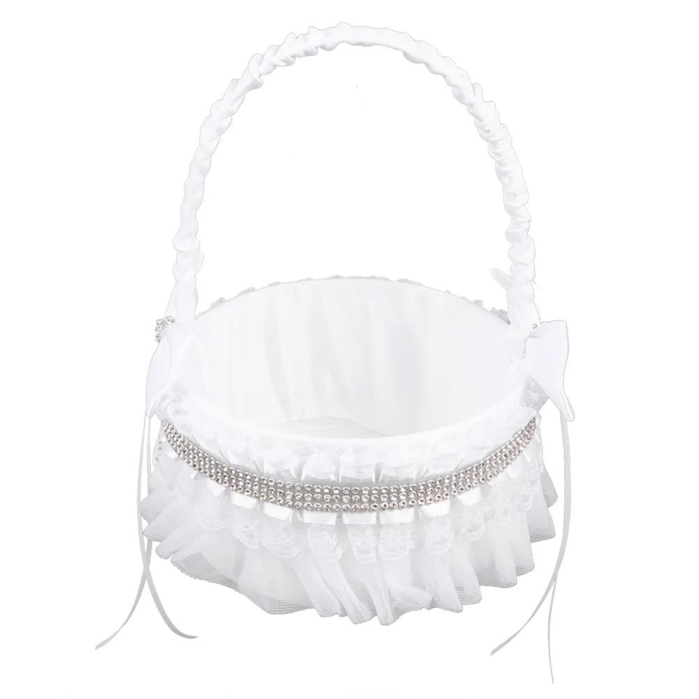 

Round Romantic Rhinestone Basket Western Wedding Flower Basket Flower Girl Bowknot Basket Elegant Wedding Ceremony Supplies
