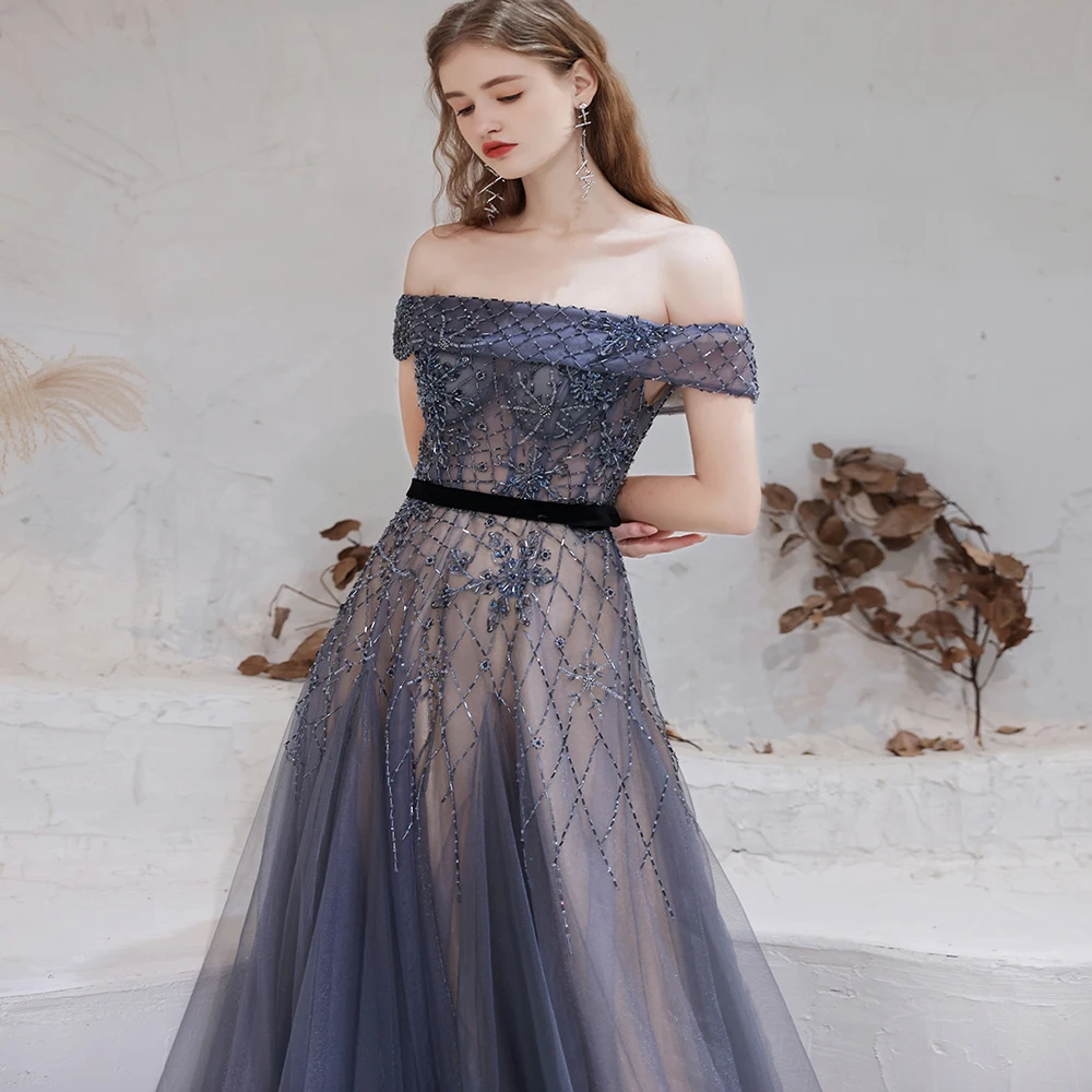 

New Sexy Off Shoulder Evening Dress Empire Sleeveless Lace Up A-Line Embroidery Floor-Length Tulle Woman Formal Party Gowns