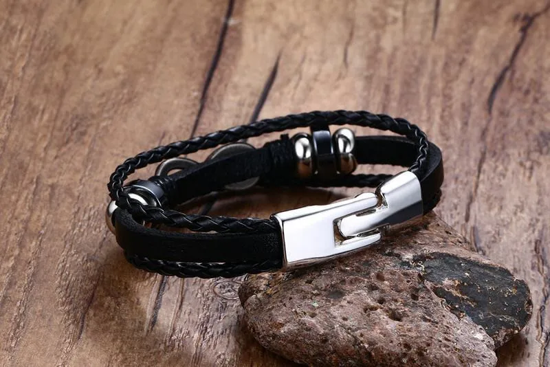 Черная Плетеная Подлинная нержавеющая сталь кожаные браслеты и обручи для
