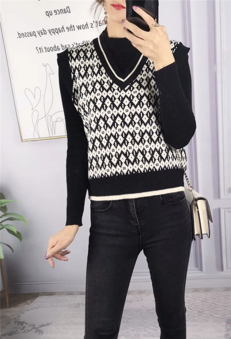 

2020 Autumn Knit Waistcoat Women Argyle Sweater Vest Vintage Geometric Loose Sleeveless Korean 90s Tank Top Female Black Vests