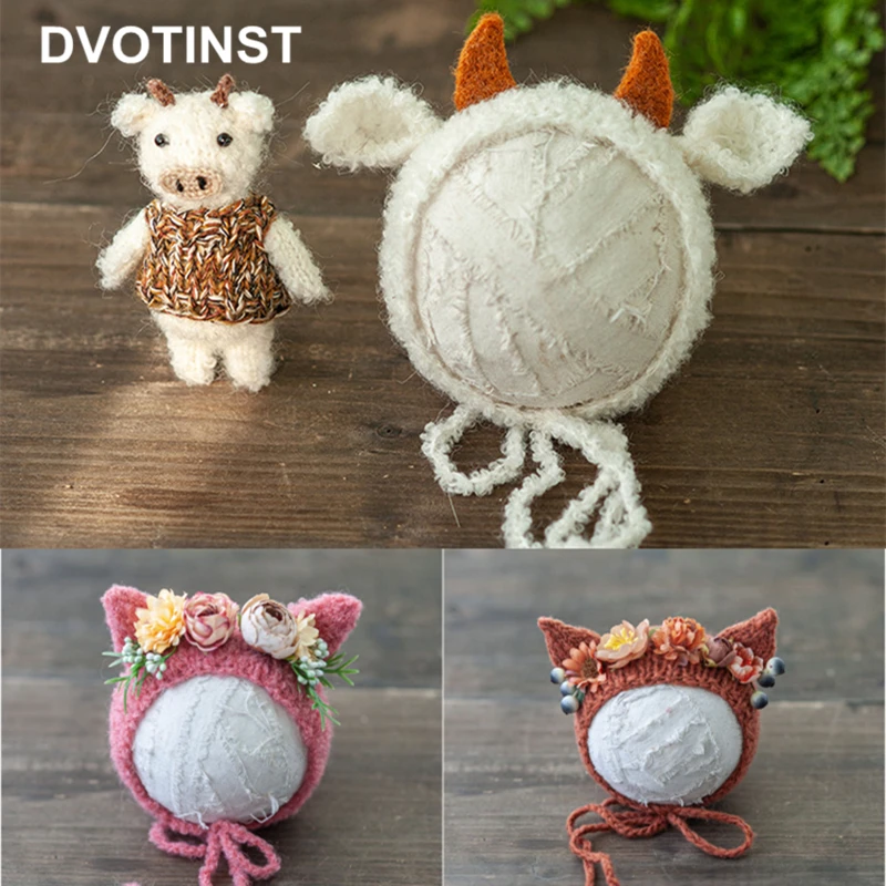 Dvotinst Newborn Baby Photography Props Knitted Crochet Cute Cow Doll Hat Floral Bonnet Fotografia Studio Shoots Photo Props