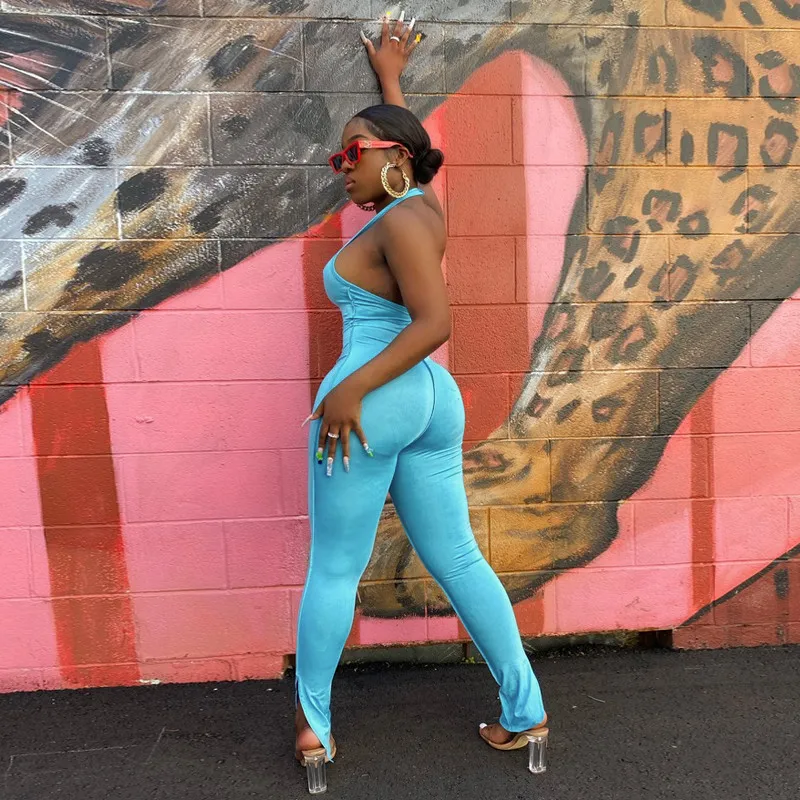 

CHRONSTYLEJumpsuits Summer Women Backless Summer Blue Solid Sexy Halter U-neck Slimming Long Rompers Casual Sports Flared Pants