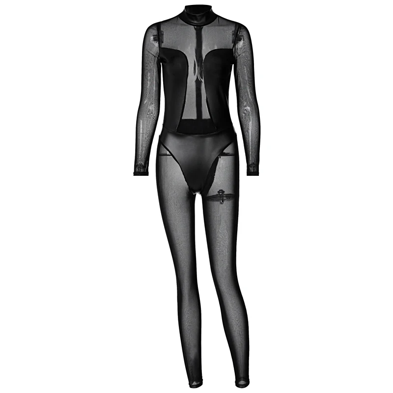 

Hawthaw Women Autumn Winter Long Sleeve Pu Leather See Through Mesh Jumpsuit Overall Romper 2020 Female Clothing Streetwear