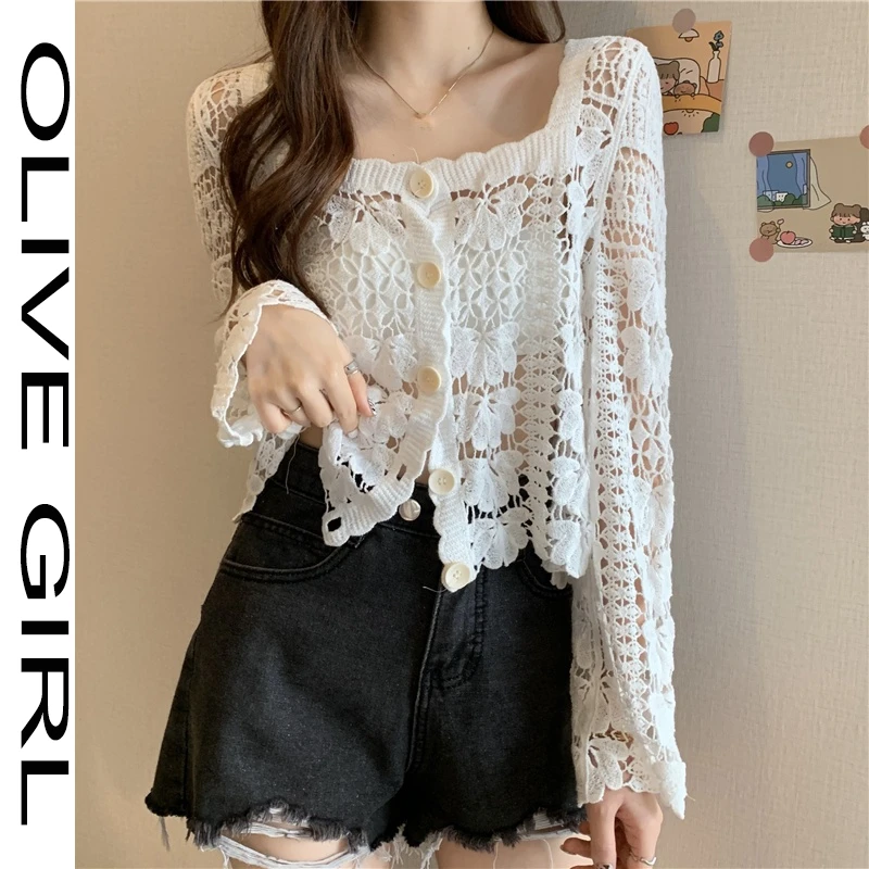 

Girl Blouse Korean Fashion Hook Flower Loose Chic Shirts Button Sexy Crop Tops Square Collar Hollow Out Blouse Women Long Sleeve