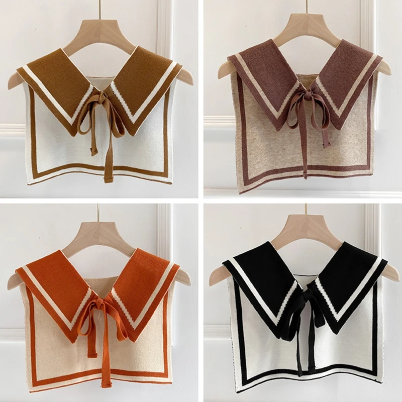 Женская зимняя вязаная шаль накидка контрастных цветов с ложным воротником