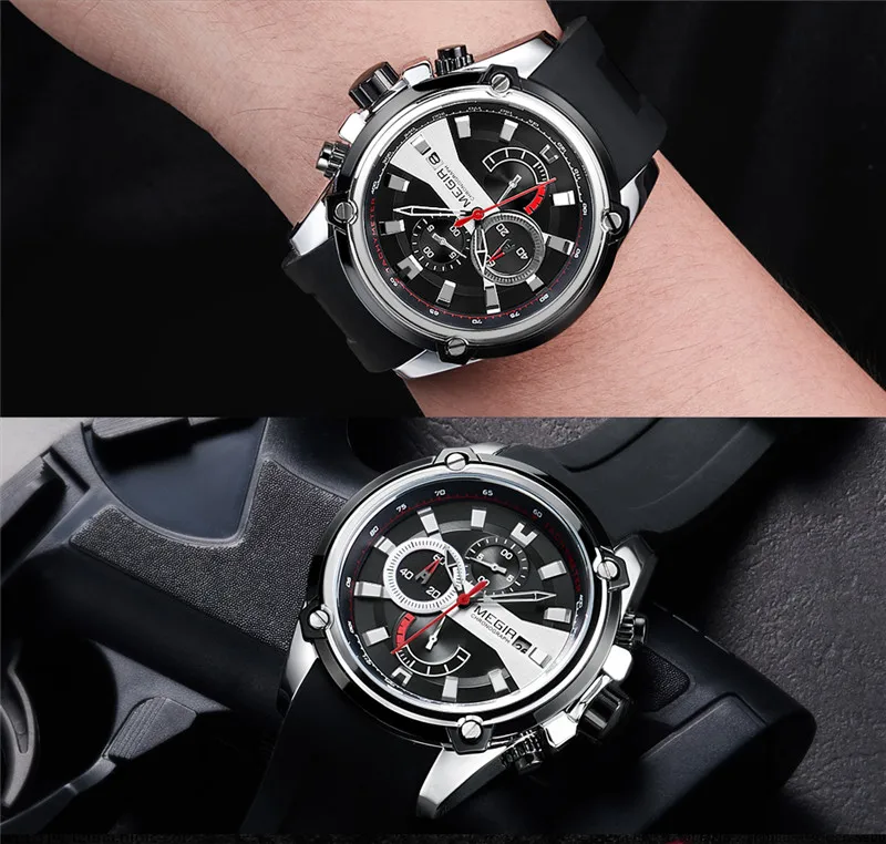 Мужские наручные часы MEGIR черные с хронографом резиновым ремешком и датой 2086|box