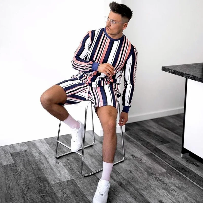 

Мужской комплект одежды, Новинка весна-лето 2021, футболка в полоску с длинным рукавом, спортивный костюм, Повседневная модная футболка + шорт...