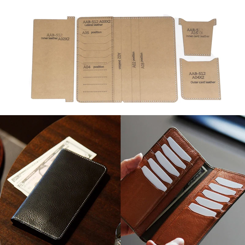 DIY Leather Sewing Pattern Kraft Paper Template Bifold Long Wallet Business Card Holder Men Credit Card Bag English Version
