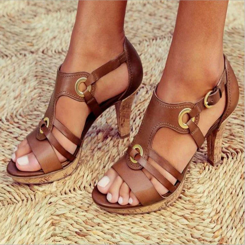 

High-heeled Women's Sandals Summer 2021 New Sandals Leather Buckle Women's Fashion Sandals