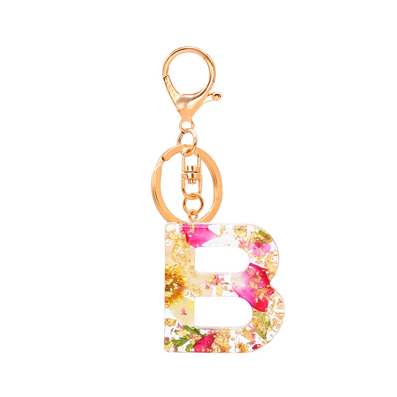 

26 Initial Letter Glitter Flower Keychain Holder Cute Charming Resin Car Bag Pendant Ring Daily