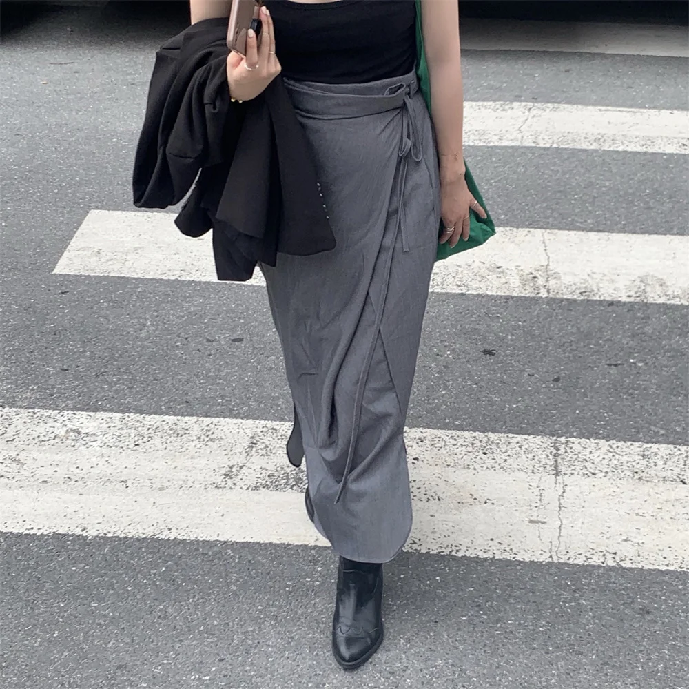 

Hzirip Korean Lace-Up Slim Split Fashion Women Skirts Chic Solid Autumn All Match Prom Femme Casual Vintage Office Lady Retro