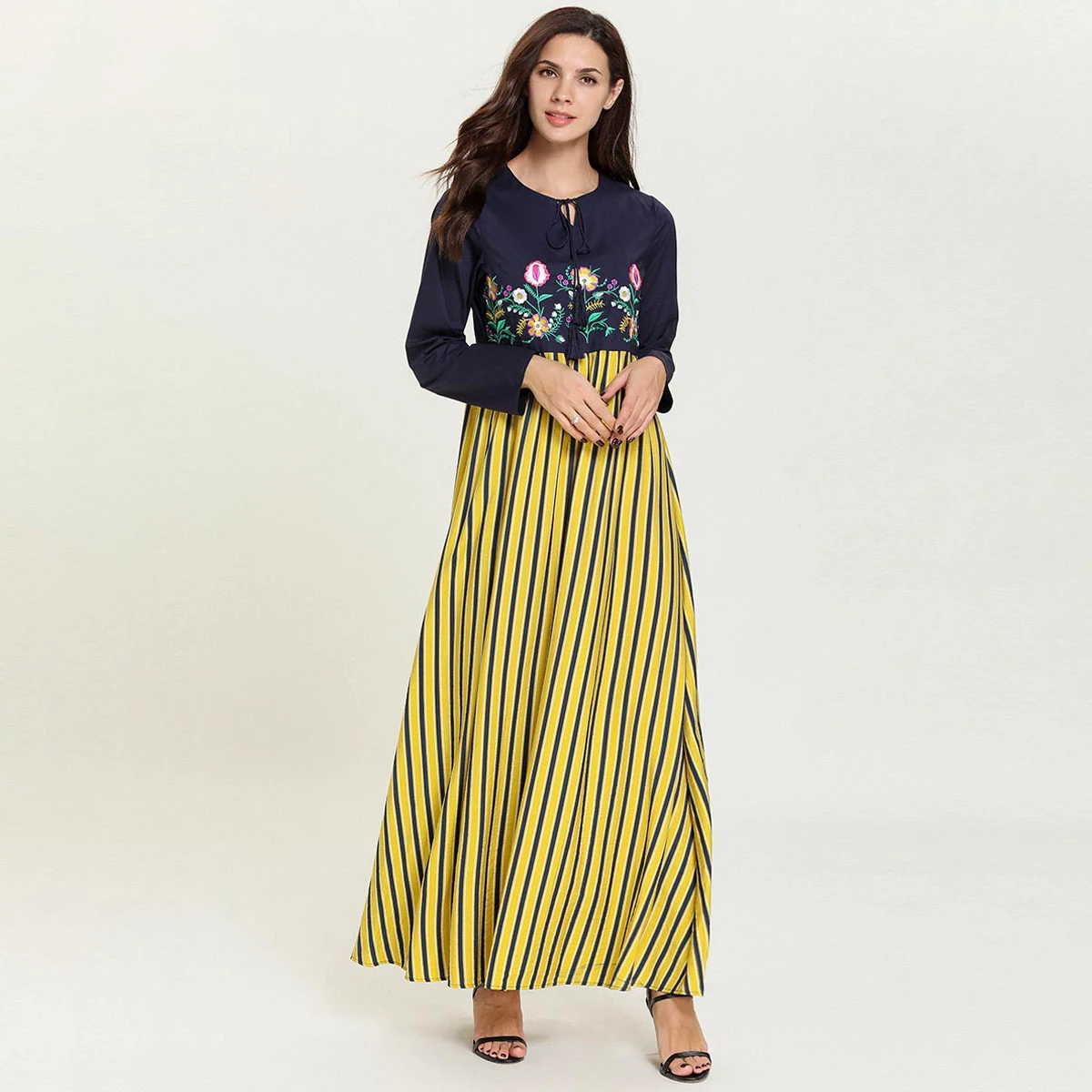 

Muslim dress Women's Striped Patchwork Embroidered Casual Arabian Long Skirt Abaya Dubai Dresses