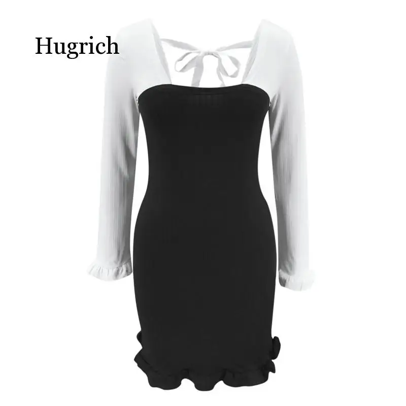 

Women Casual Close Fitting Black White Long Flared Sleeve Square Collar One-Piece Evening Party Dress