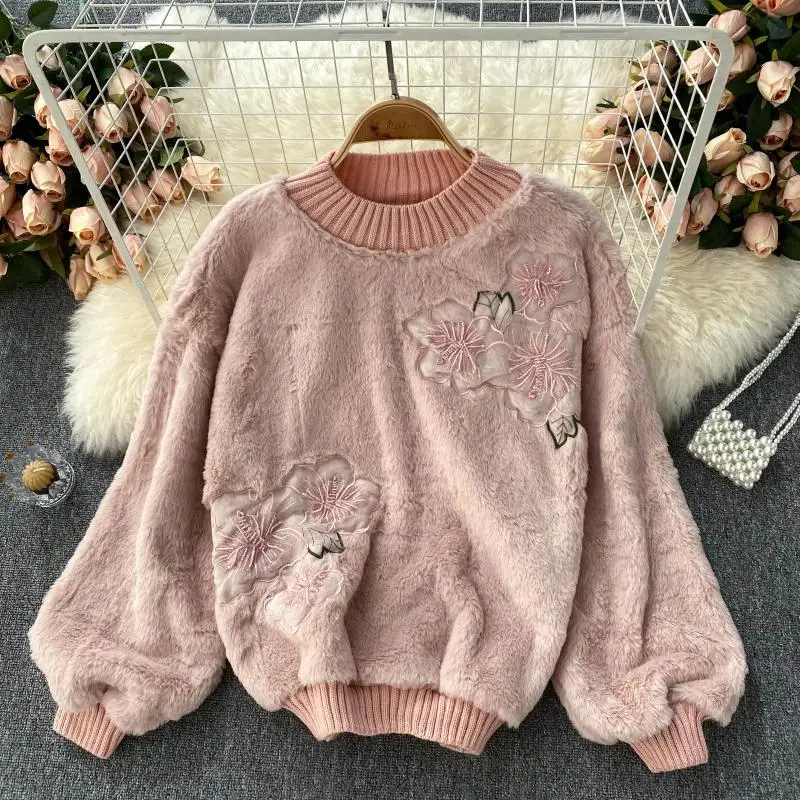 

Winter Soft Thicken Knitted Artificial Rabbit Fur Pullovers Women Casual Autumn Warm Streetwear Embroidery Faux Fur Sweater Tops