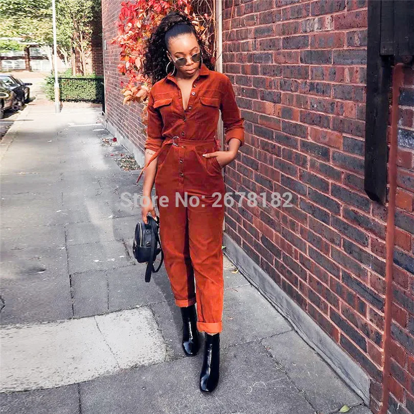 Женские вельветовые комбинезоны с пуговицами однотонные повседневные