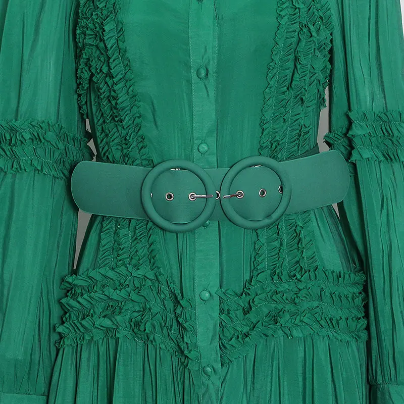 

XITAO Solid Green Vintage Bandage Dress Edible Tree Fungus Fashion Women Stand Collar Pleated Splicing Summer New Women WMD0182