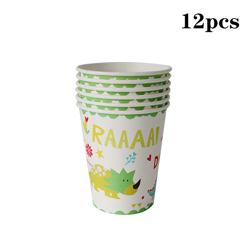 cups 12pcs Мотив динозавра праздничный набор столовой посуды Одноразовая бумажная тарелка скатерть торт Топпер с первого дня рождения товары для мальчиков - Цвет: cups 12pcs