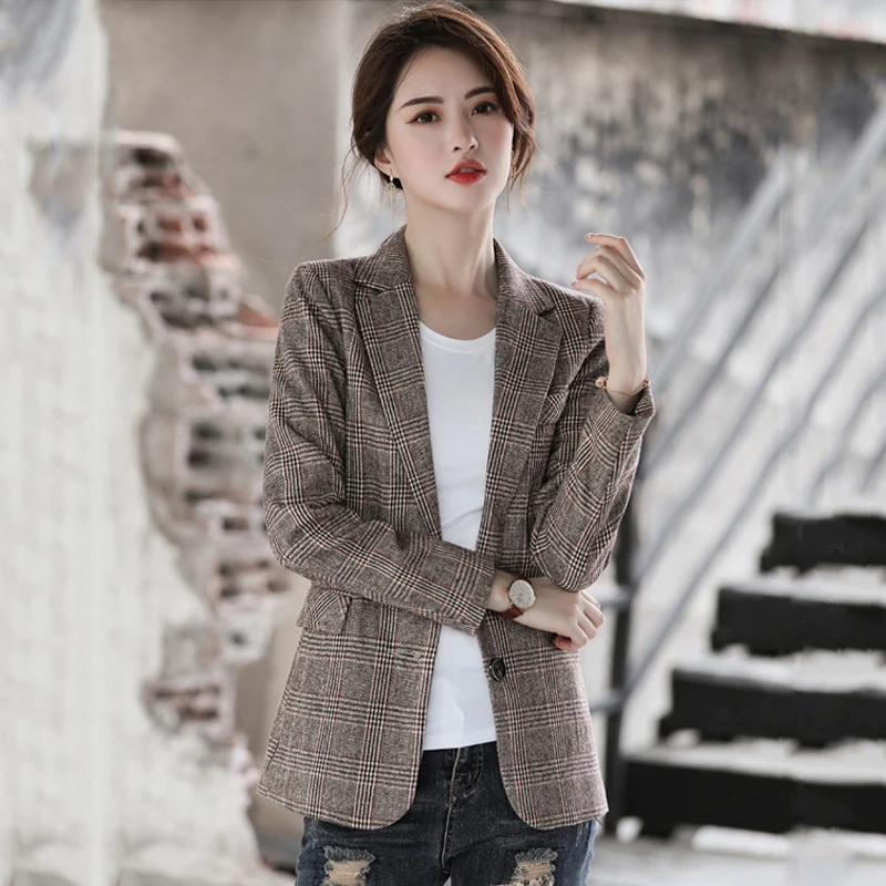 

autumn spring slim women blazer 2021 casual suit jacket plaid print single breasted notched Korean style outwear chaquetas mujer