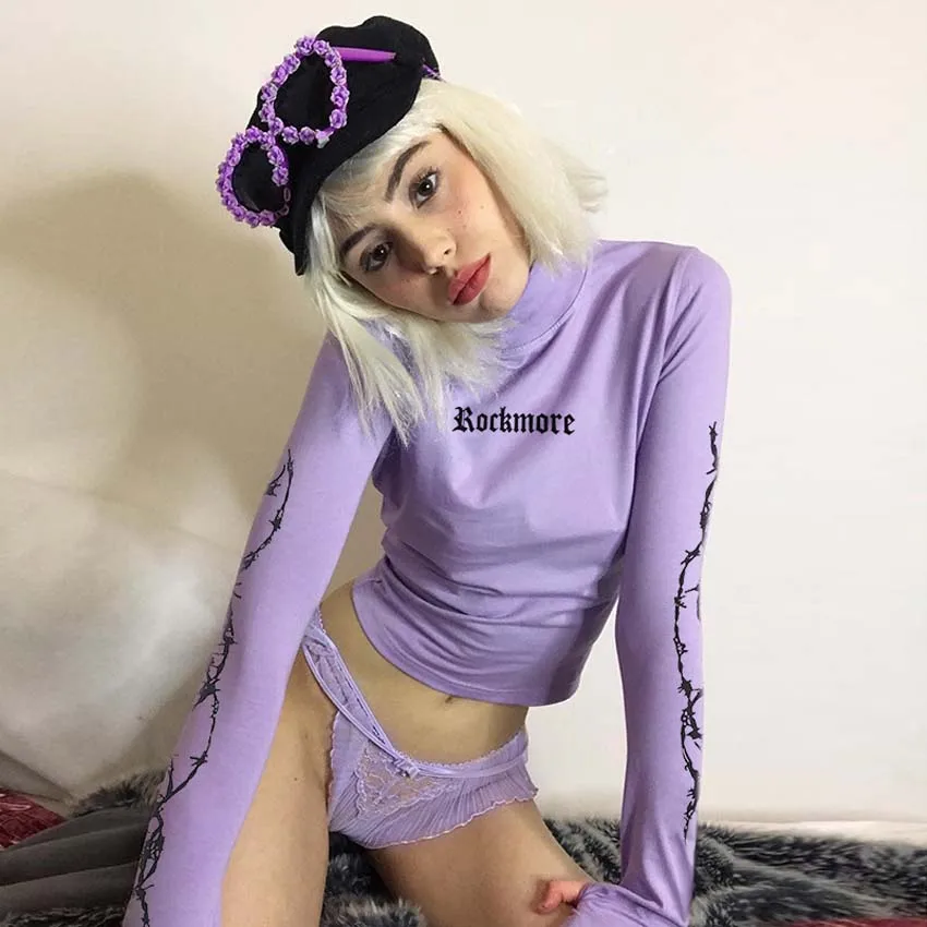 

Vintage Women Y2k Fashion Short Tees Purple Letter Print T-shirts Turtleneck Long Sleeve Slim E-Girl Mujer Harajuku Streetwear