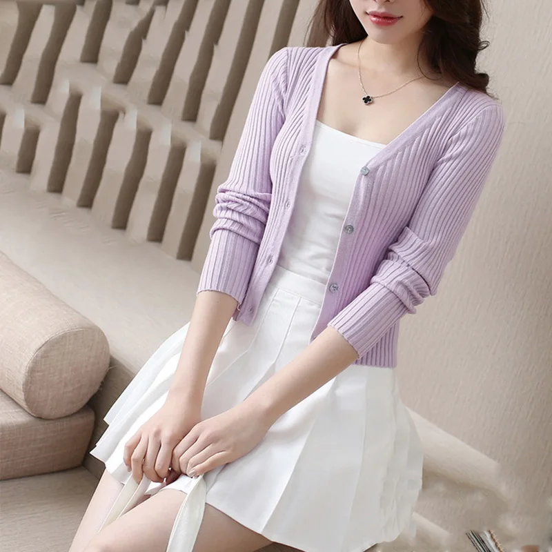 

Кардиган женский вязаный однобортный, с V-образным вырезом и длинным рукавом