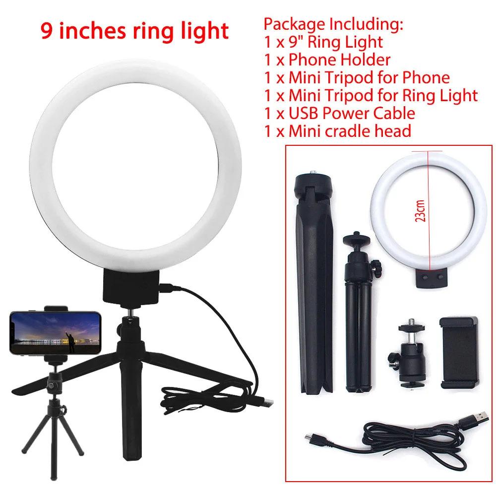 9 inch ring light Capsaver 6 дюймов 20 см 26 см светодиодный светильник для селфи кольцевые лампы с регулируемой яркостью для макияжа кольцевая лампа USB кольцо с фотографией светильник для видео Youtube Live - Цвет: 9 inch ring light