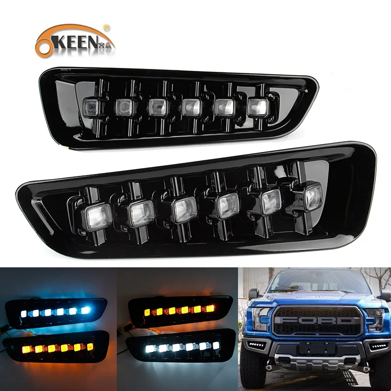 

OKEEN 2 шт. Водонепроницаемый Автомобильный светодиодный DRL для Ford F150 Raptor 2016 2017 2018 2019 светодиодный дневный ходовой светильник сигнал поворота Я...