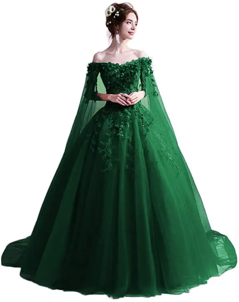 

Women's Long Ball Gowns Prom Green Emerald Quinceanera Dresses Slit Sleeve Robe Vestido De Festa Soiree Formal Evening Dress