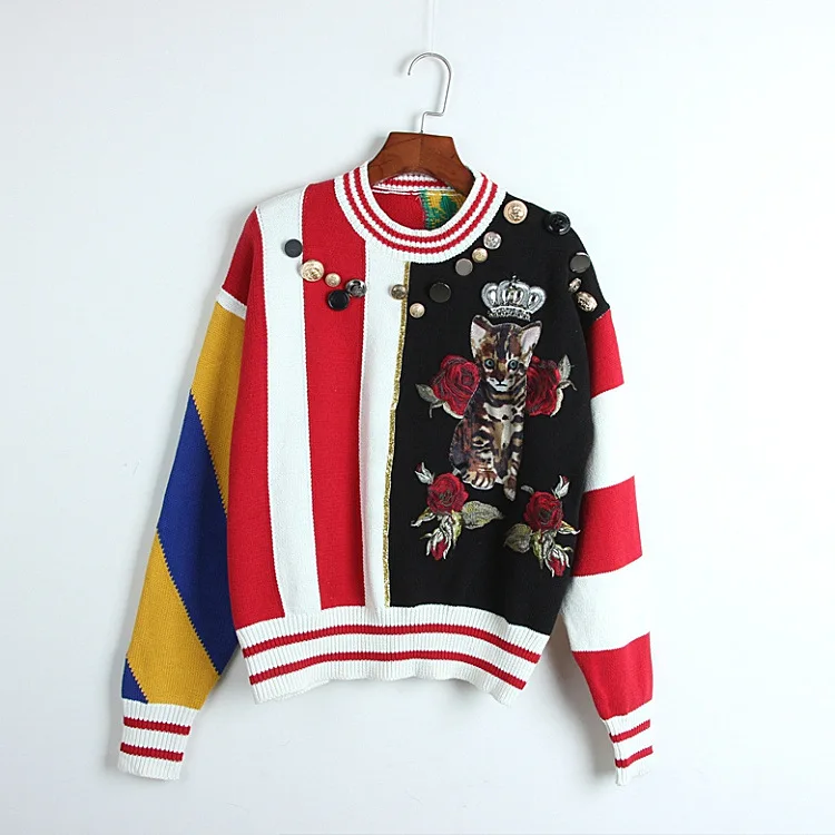 

2021 Spring Autumn New Metal Buttons Mixed Color Stripe Knited Tops Women Cartoon Cat Patchwork Flowers Knitted Jumper Sweater