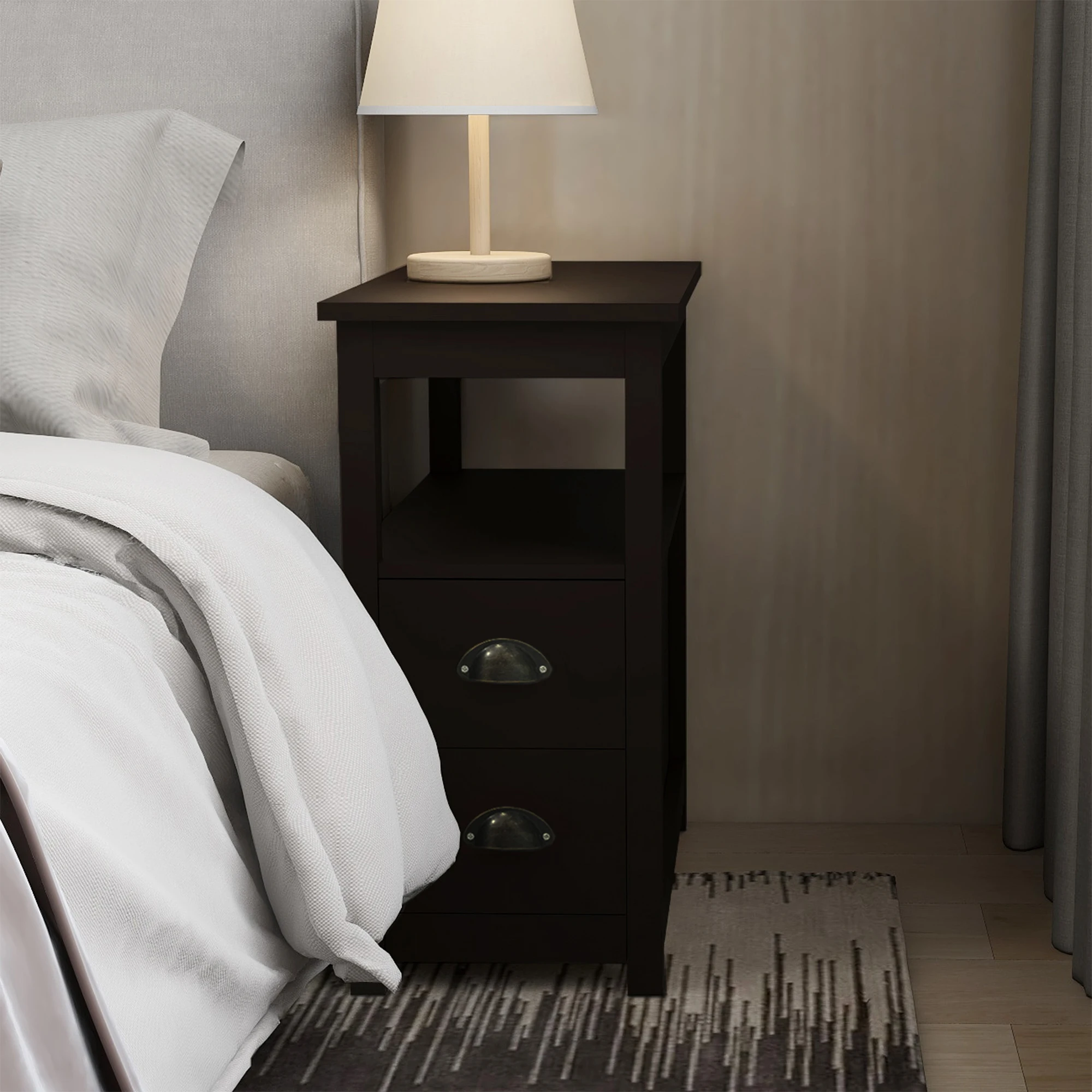 

End Table Narrow Nightstand With Two Drawers And Open Shelf-Brown