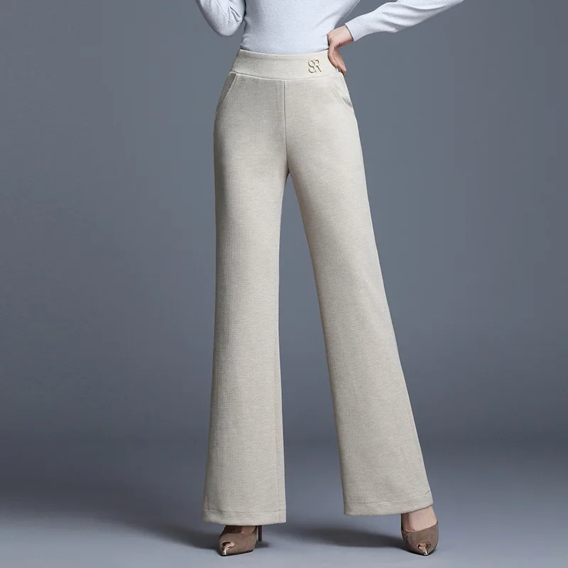 Женские зимние высокие эластичные расклешенные брюки Однотонные свободные