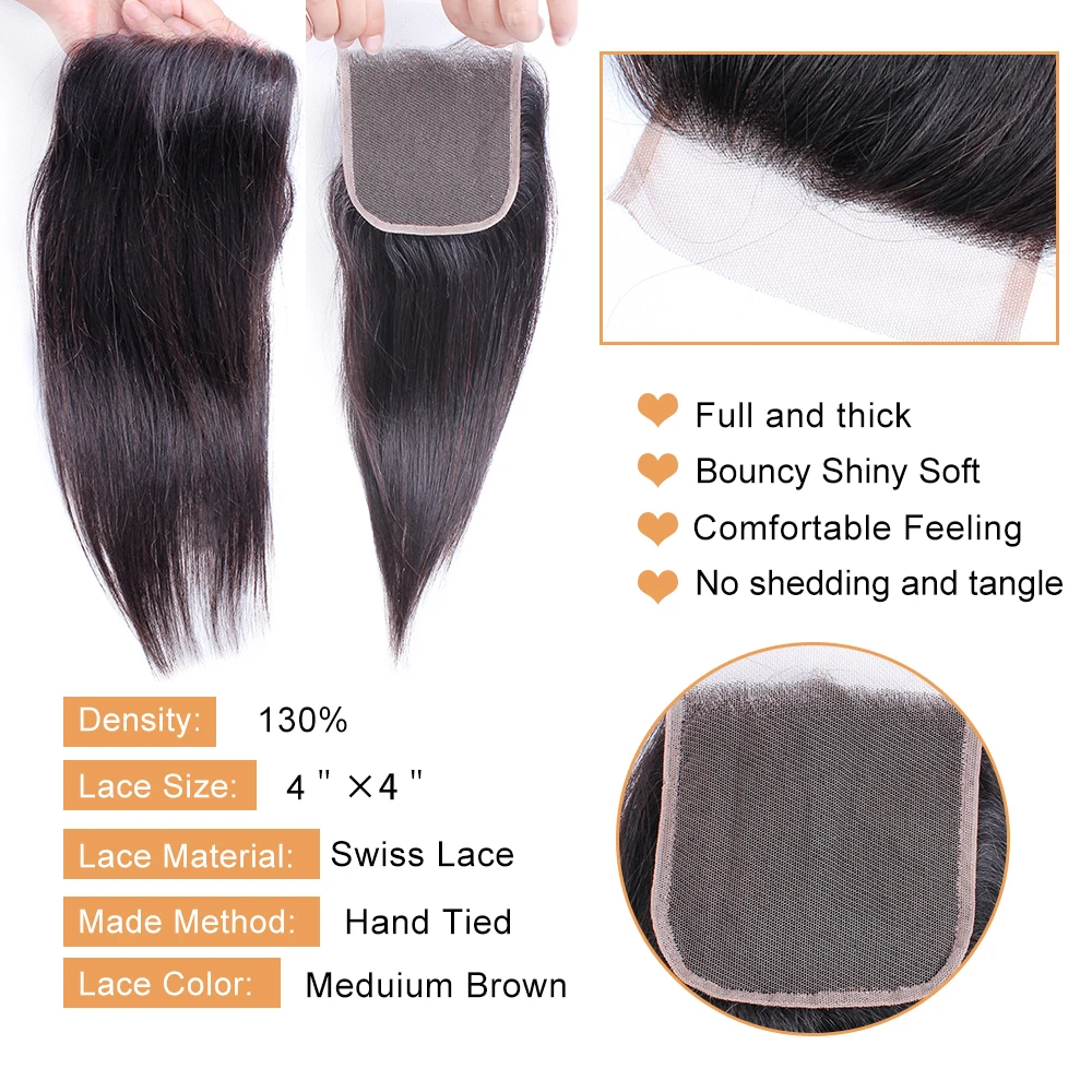 MogulHair 2/3 пряди с закрытие кружева индийские прямые волосы Remy Пряди человеческих