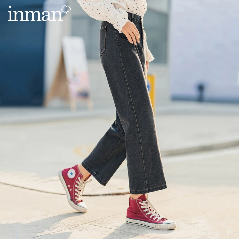 INMAN весенние литературные черные со средней талией с карманом свободные прямые