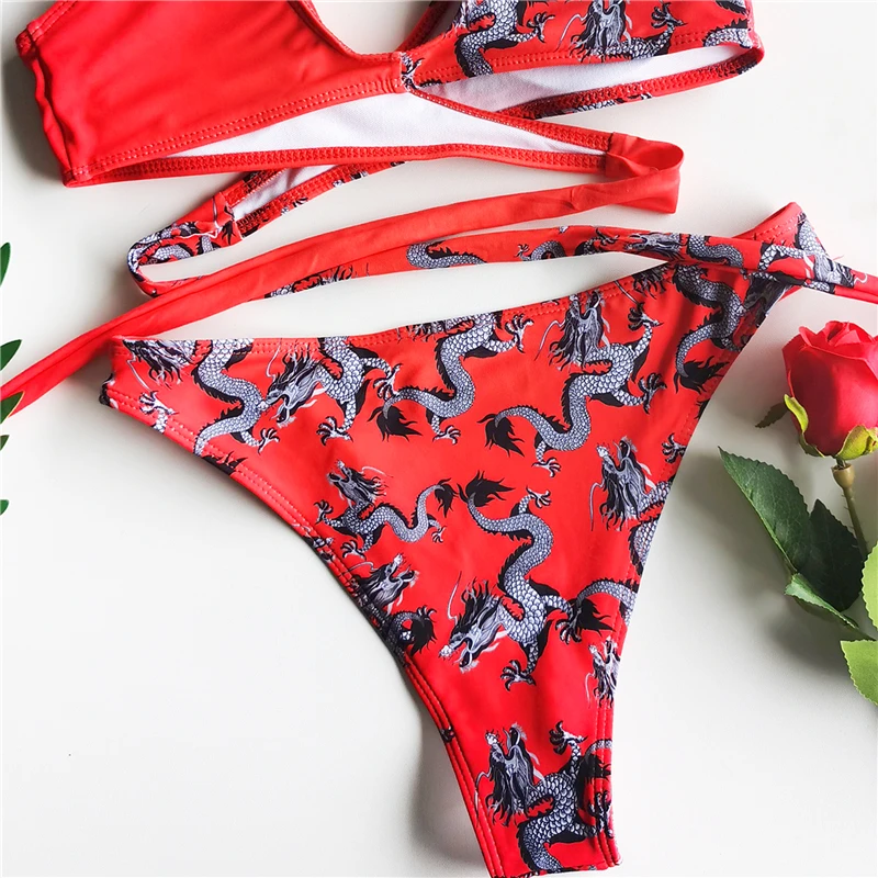 

Fors Lace up irregular patchwork bikini set Dragon print swimsuit female Bandage swimwear women Blue high cut bathing suit 2020