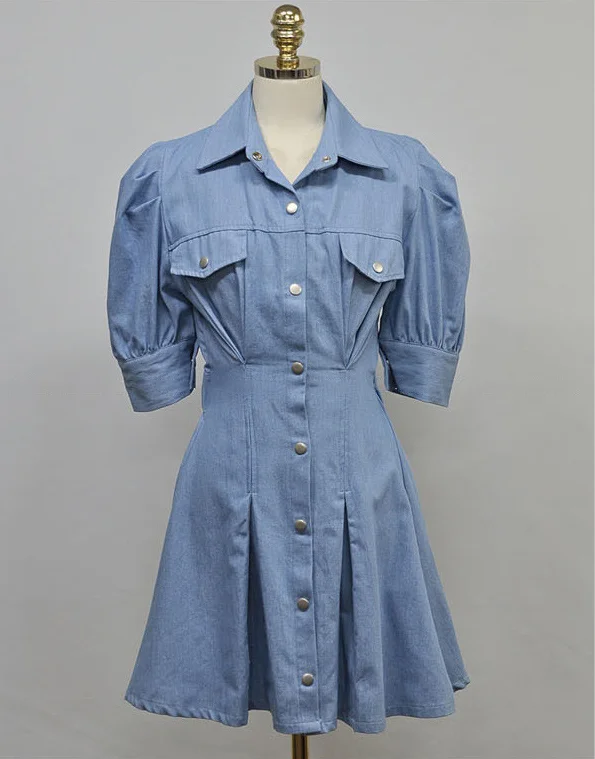 

FOLOBE 2021 Elegant Dresses Women Puff Sleeve Turn Down Collar Single Breasted Pockets A-line Mini Dress Office Lady