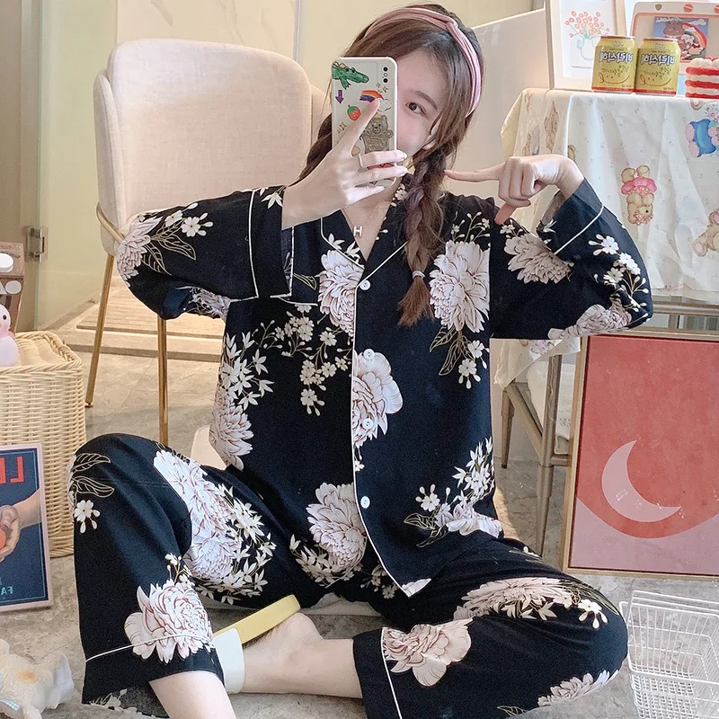 

Summer Long-sleeved Cotton Silk Printed Pajamas Women's Cardigan Japanese Thin Viscose Flowers Plus Size Homewear Two-piece Suit